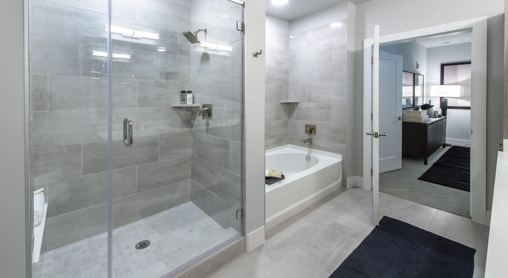 a bathroom with a glass shower