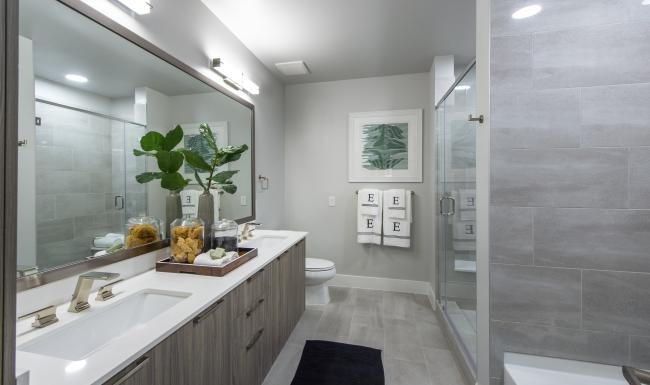 a bathroom with a glass shower